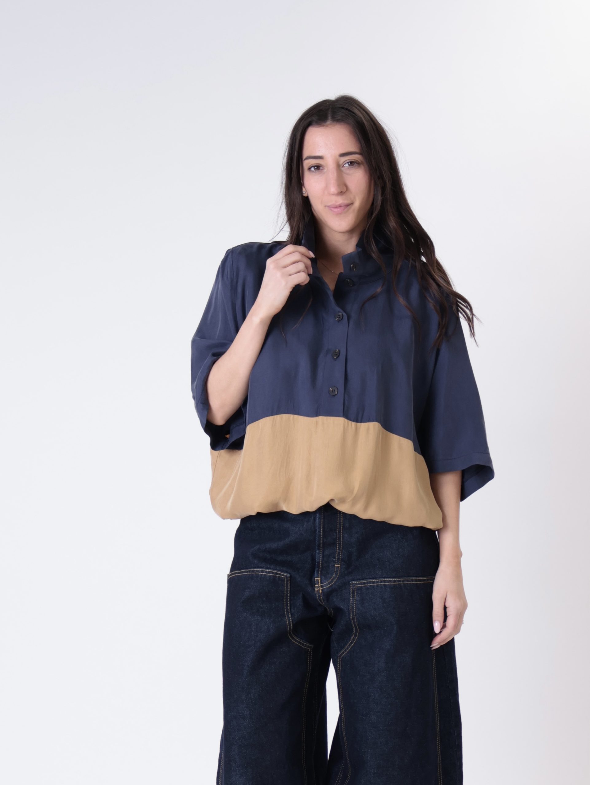 Blusa Lory m/m blu/cammello