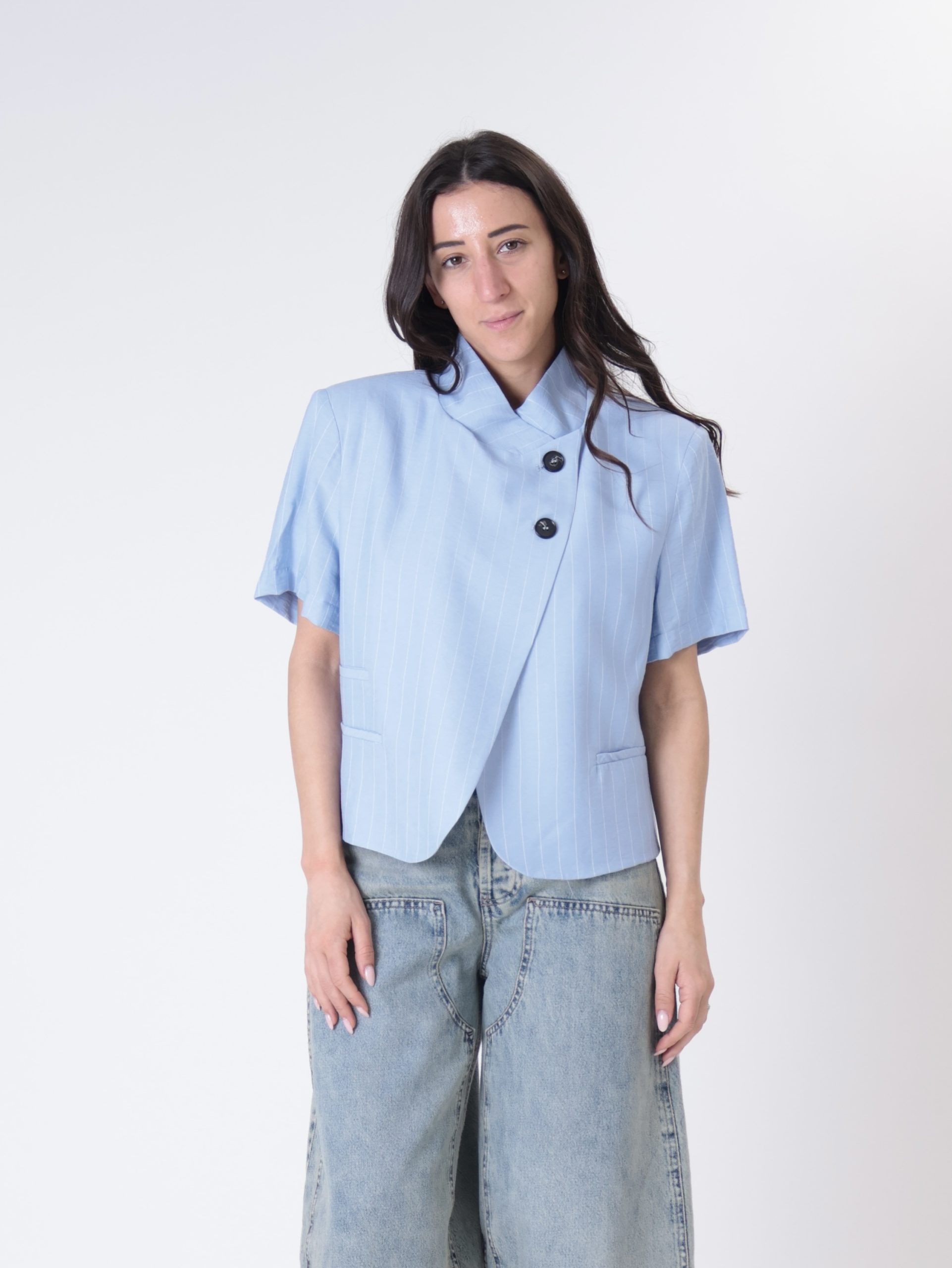 Giacca coreana m/m rigata celeste