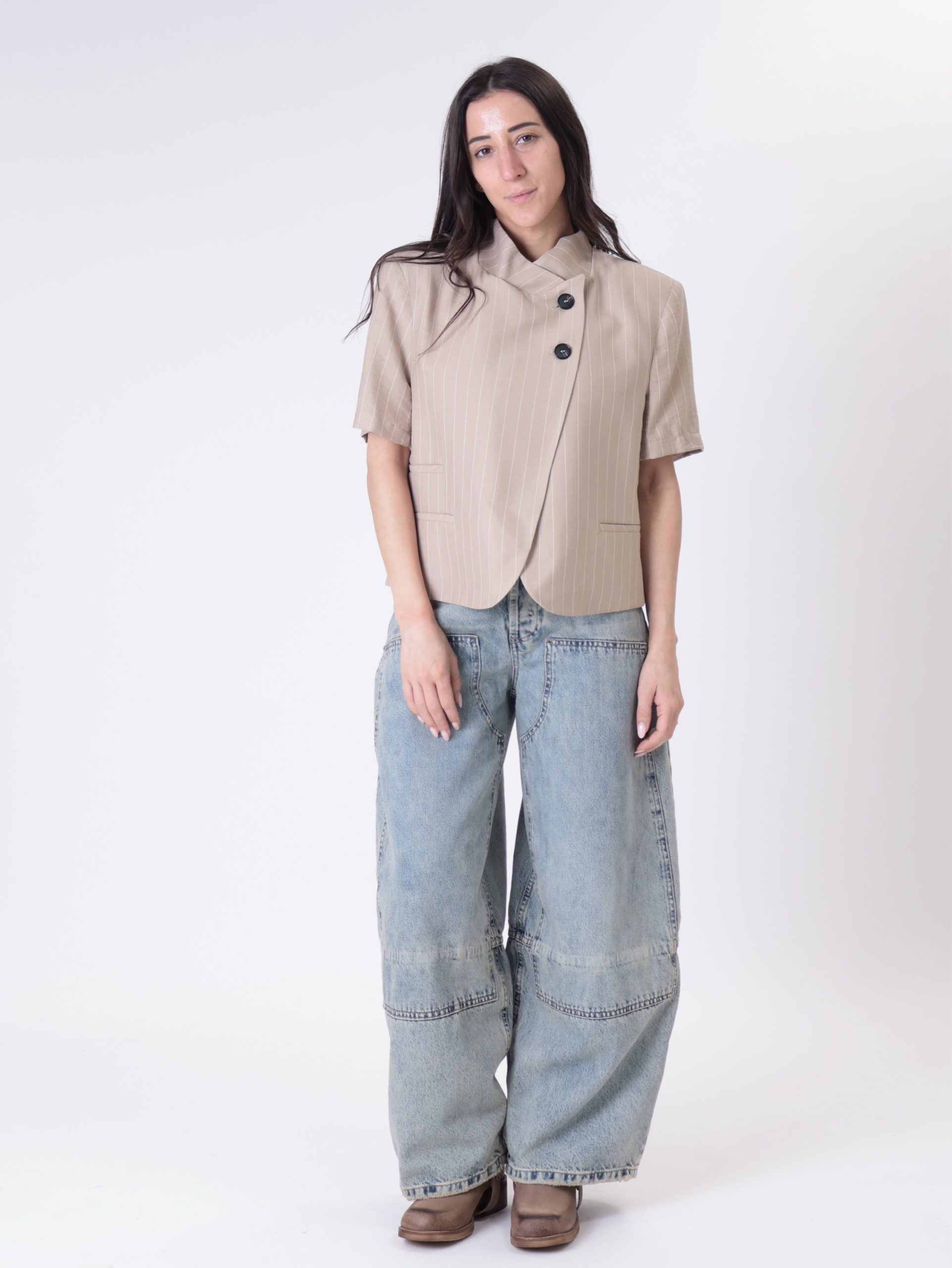 Giacca coreana m/m rigata beige