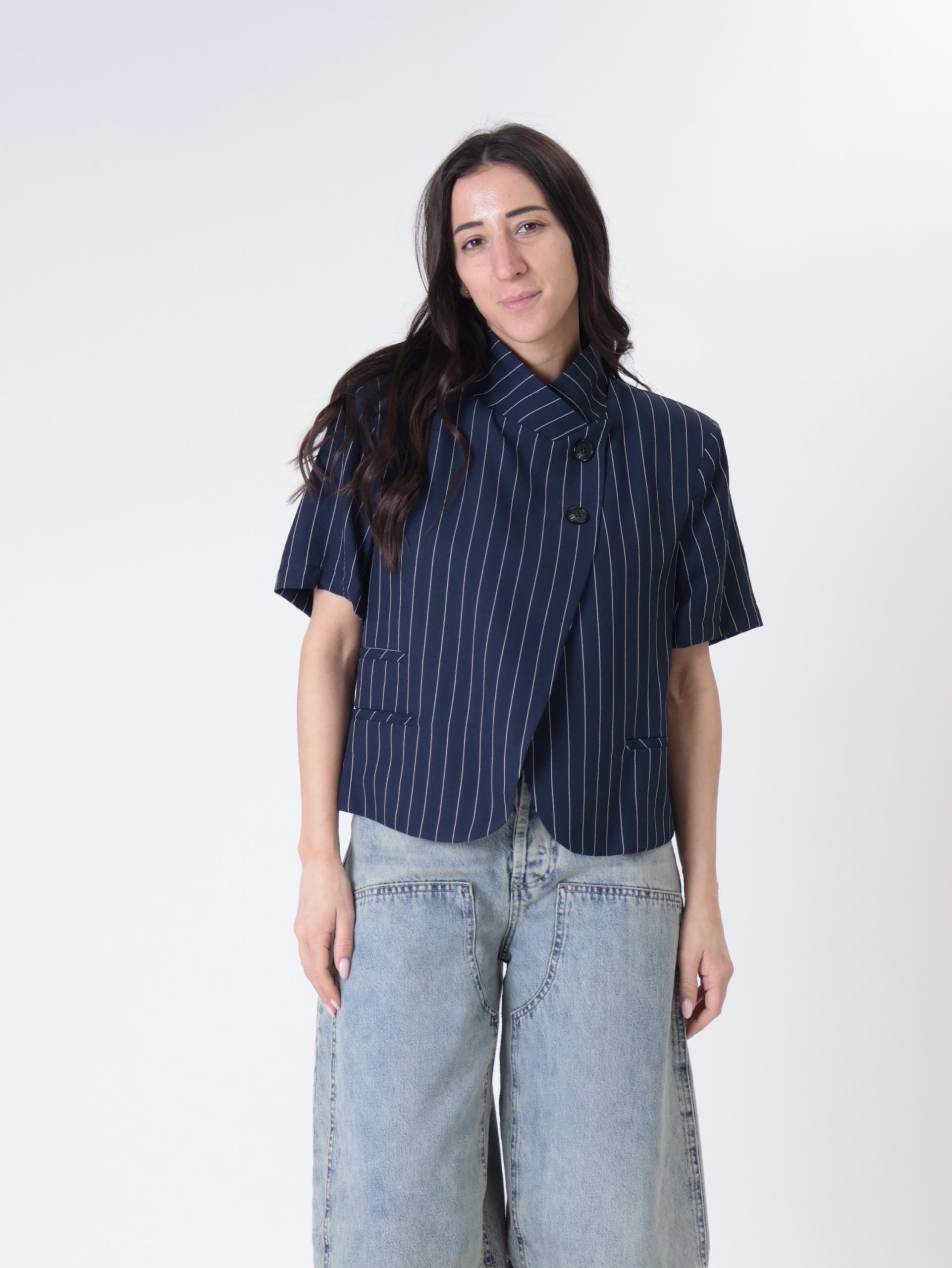 Giacca coreana m/m rigata blu