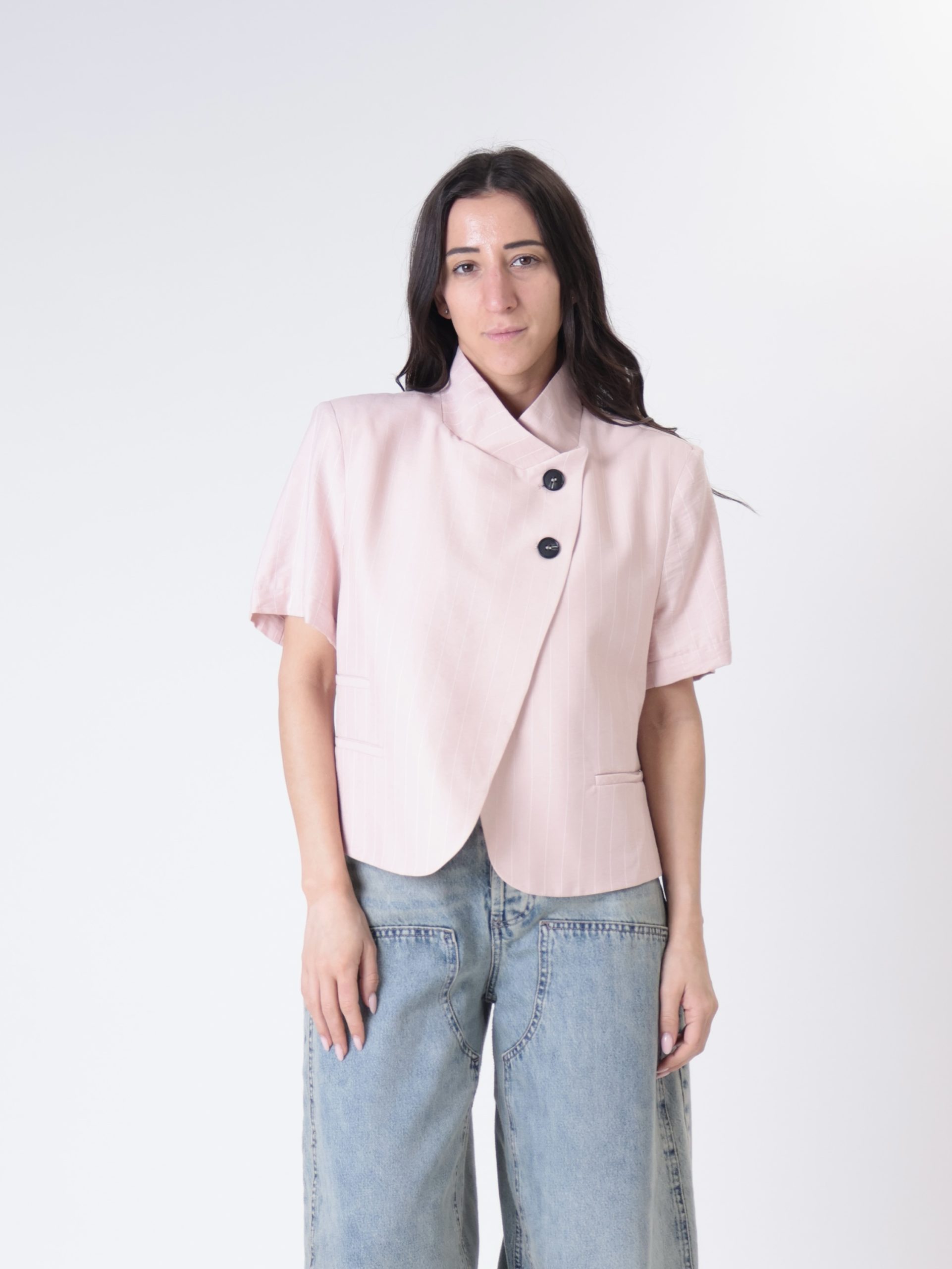 Giacca coreana m/m rigata cipria