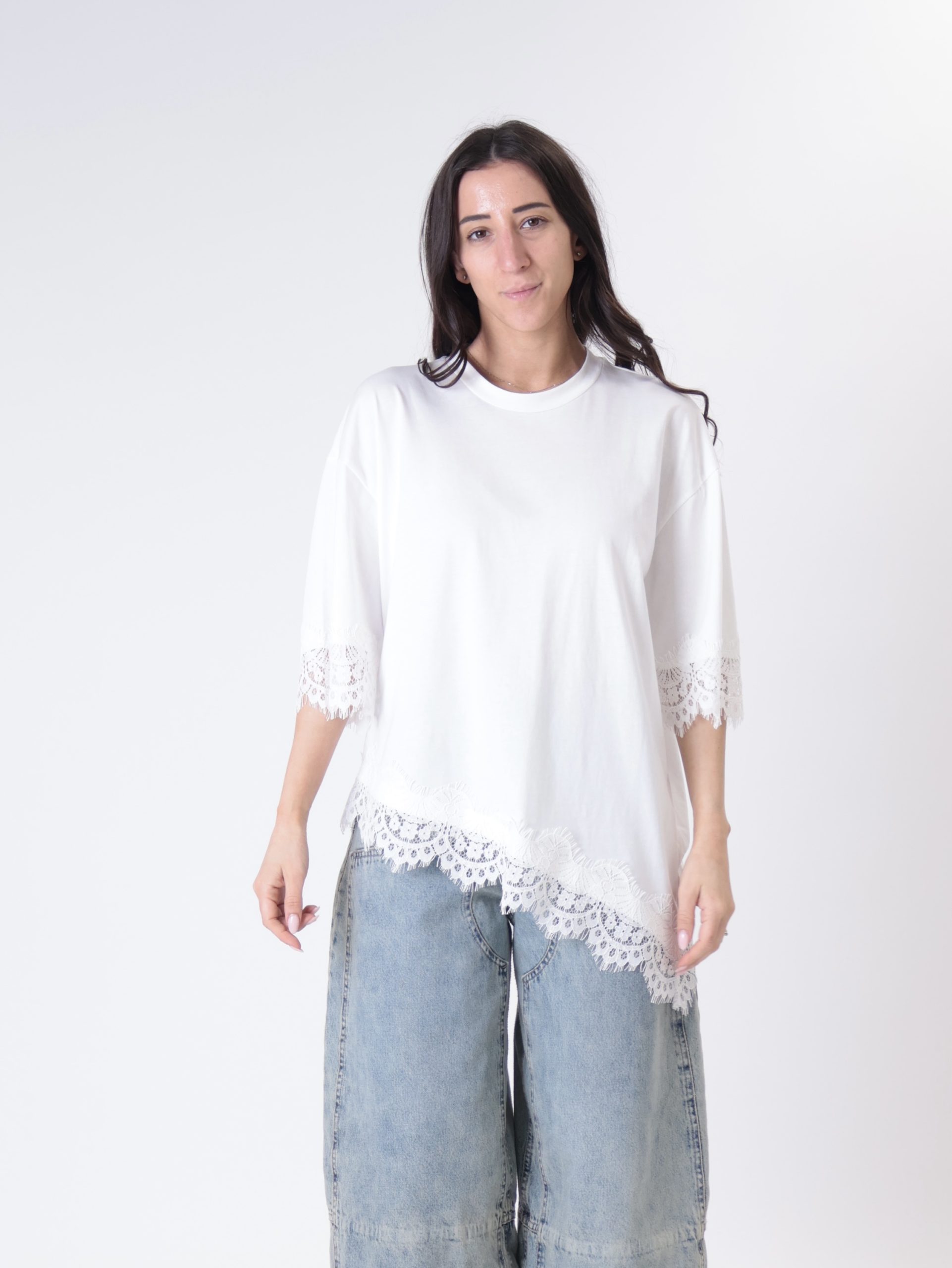 T-shirt svasata manica pizzo bianco