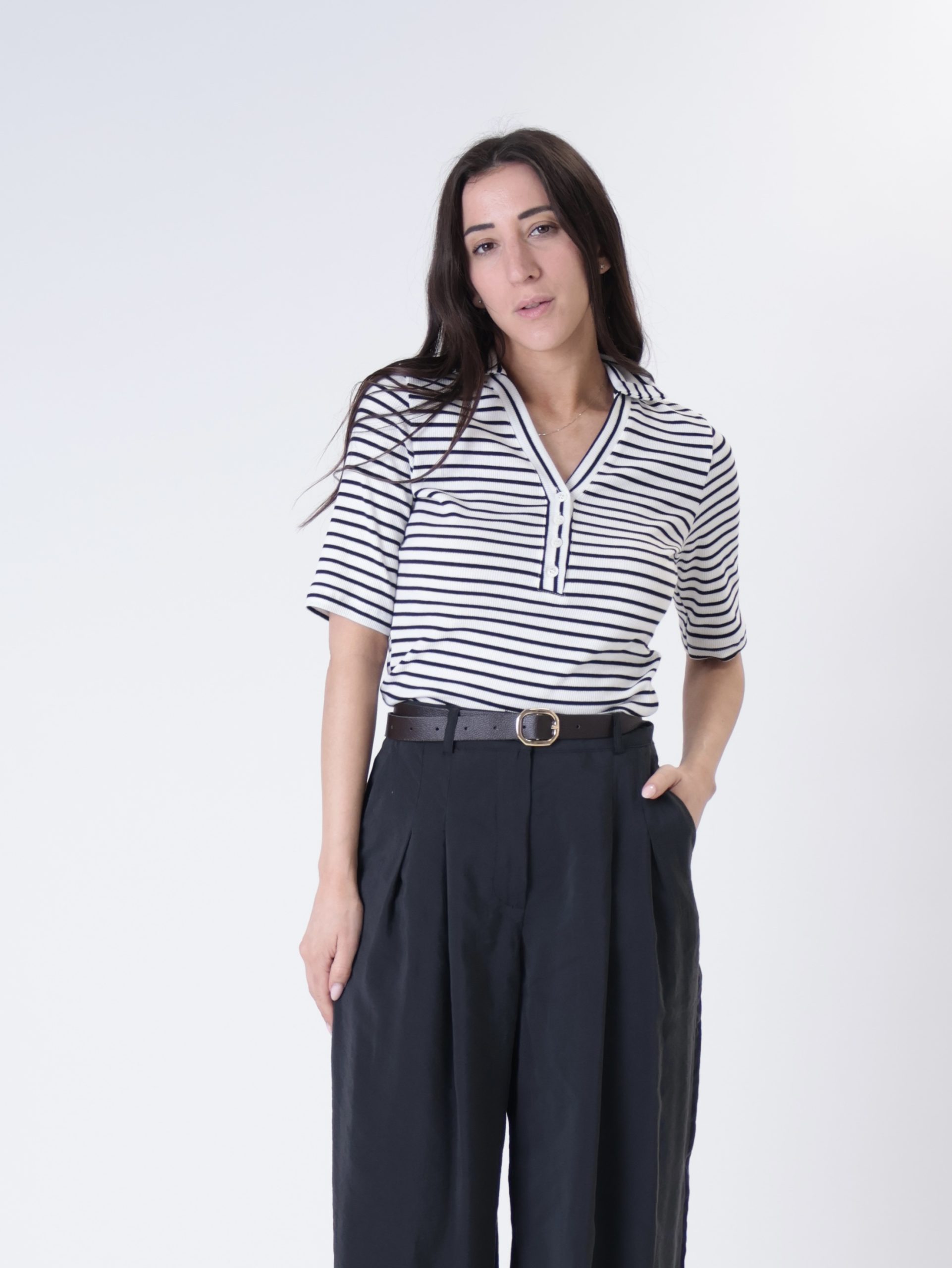 Polo serafino riga panna/nero