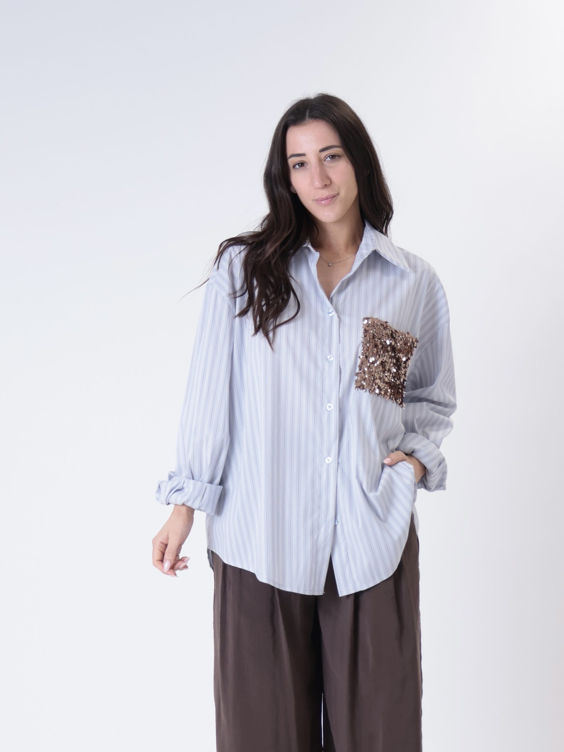 Camicia riga tasca paillettes bronzo