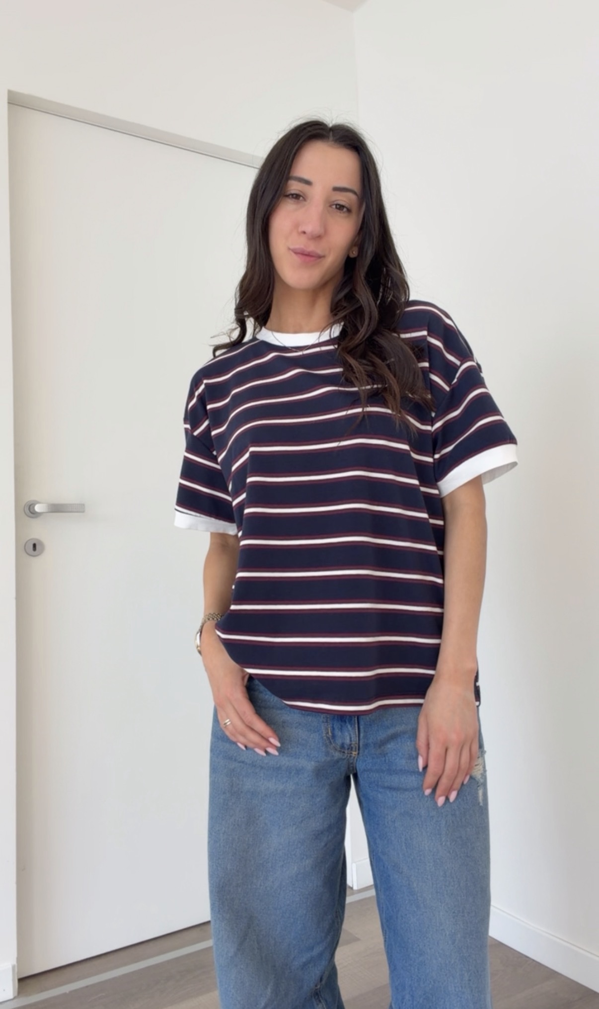 T-shirt m/m riga blu/panna