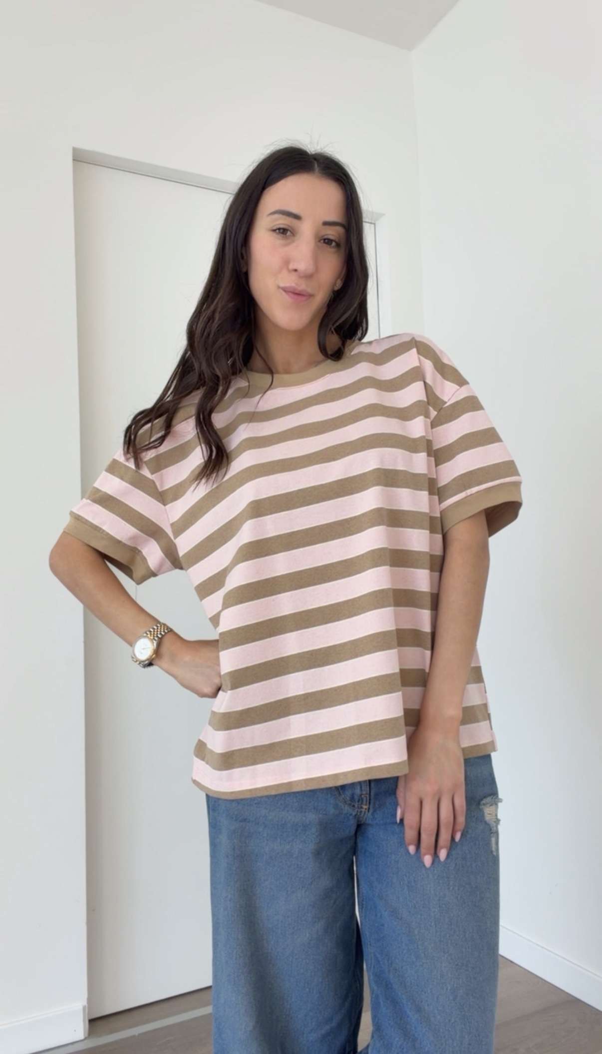 T-shirt m/m riga rosa/biscotto