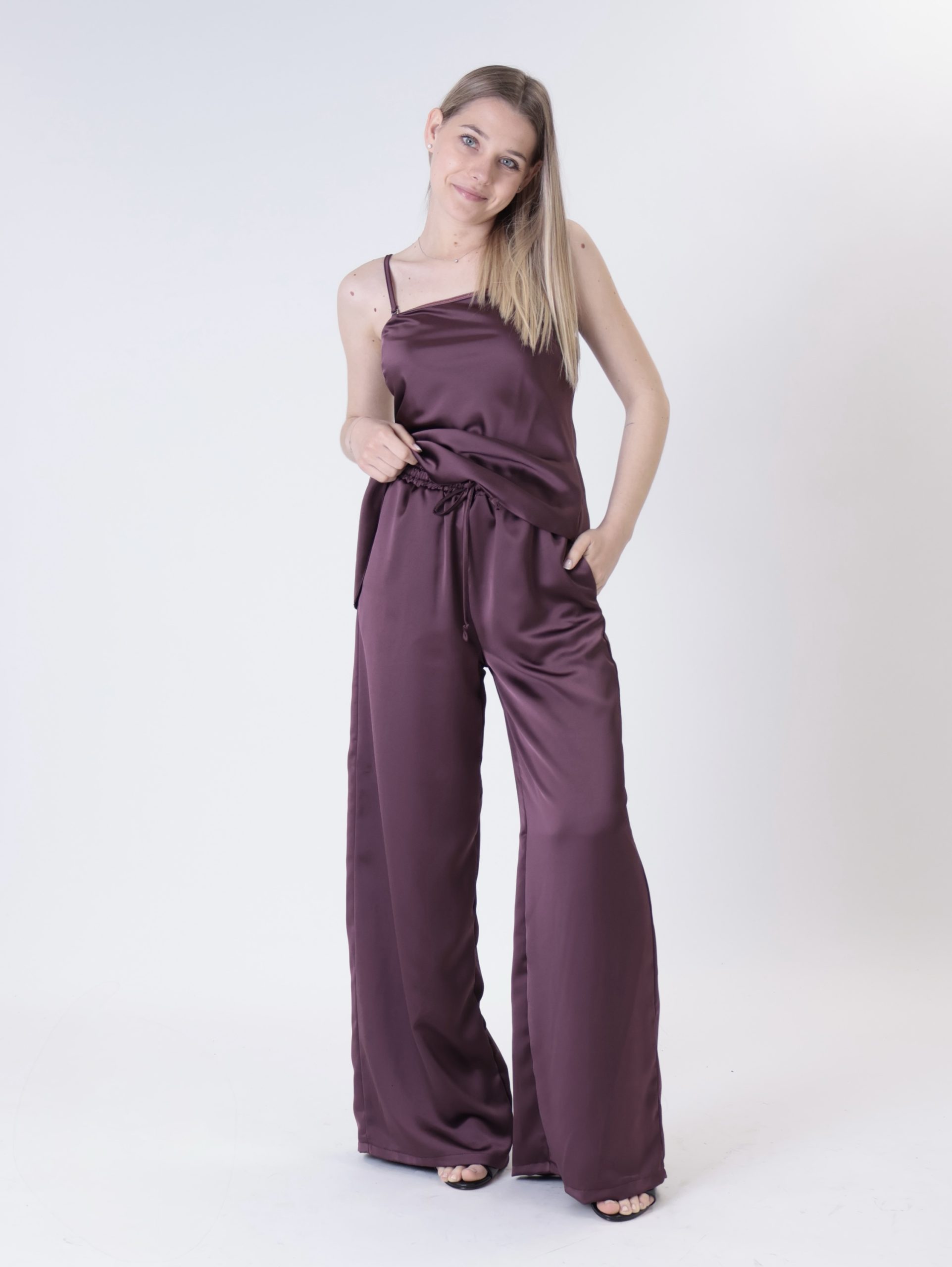 Pantalone satin palazzo vino
