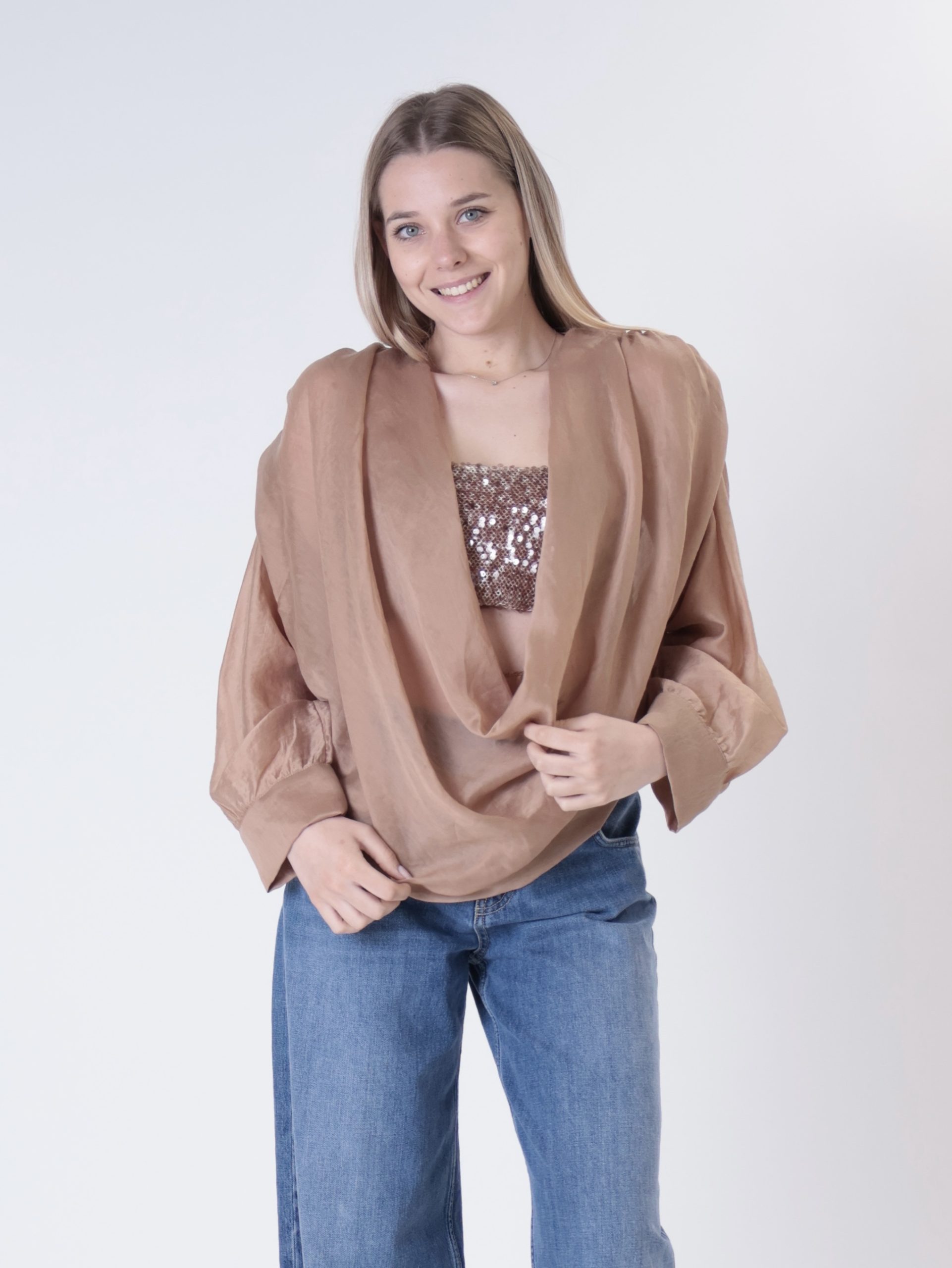 Camicia + top paillettes cammello