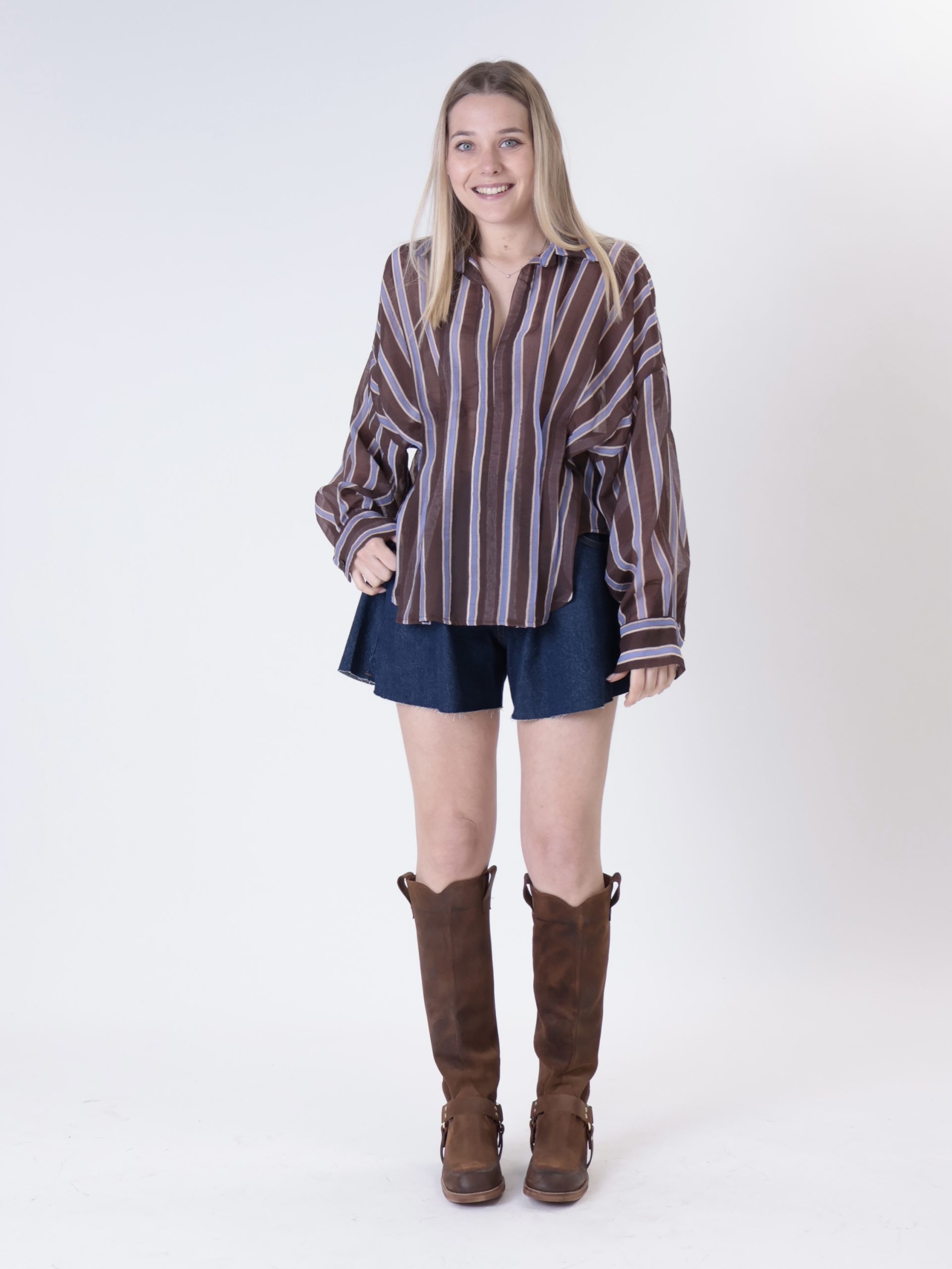 Camicia scollo V riga moro/celeste