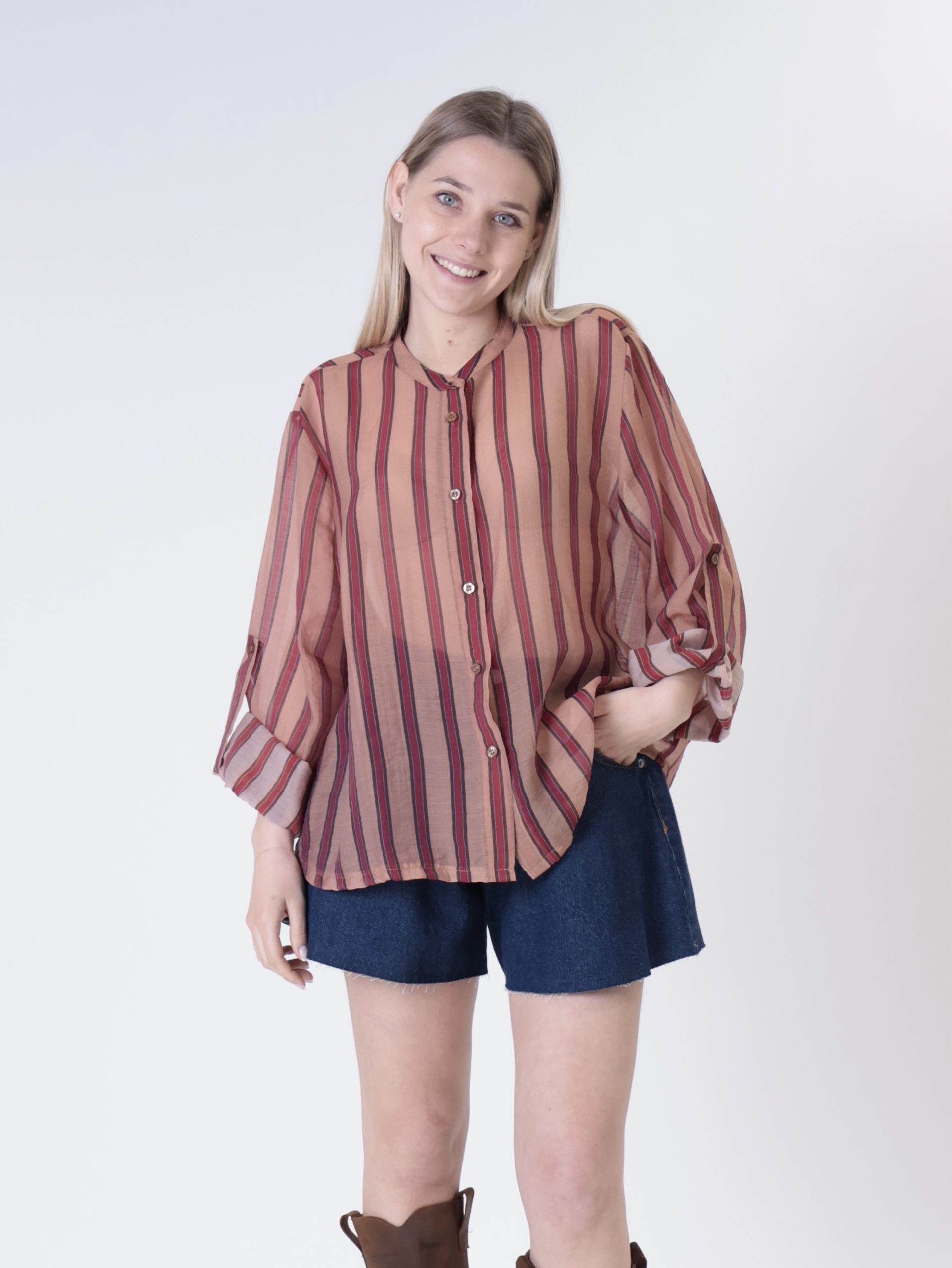 Camicia coreana riga cammello/india