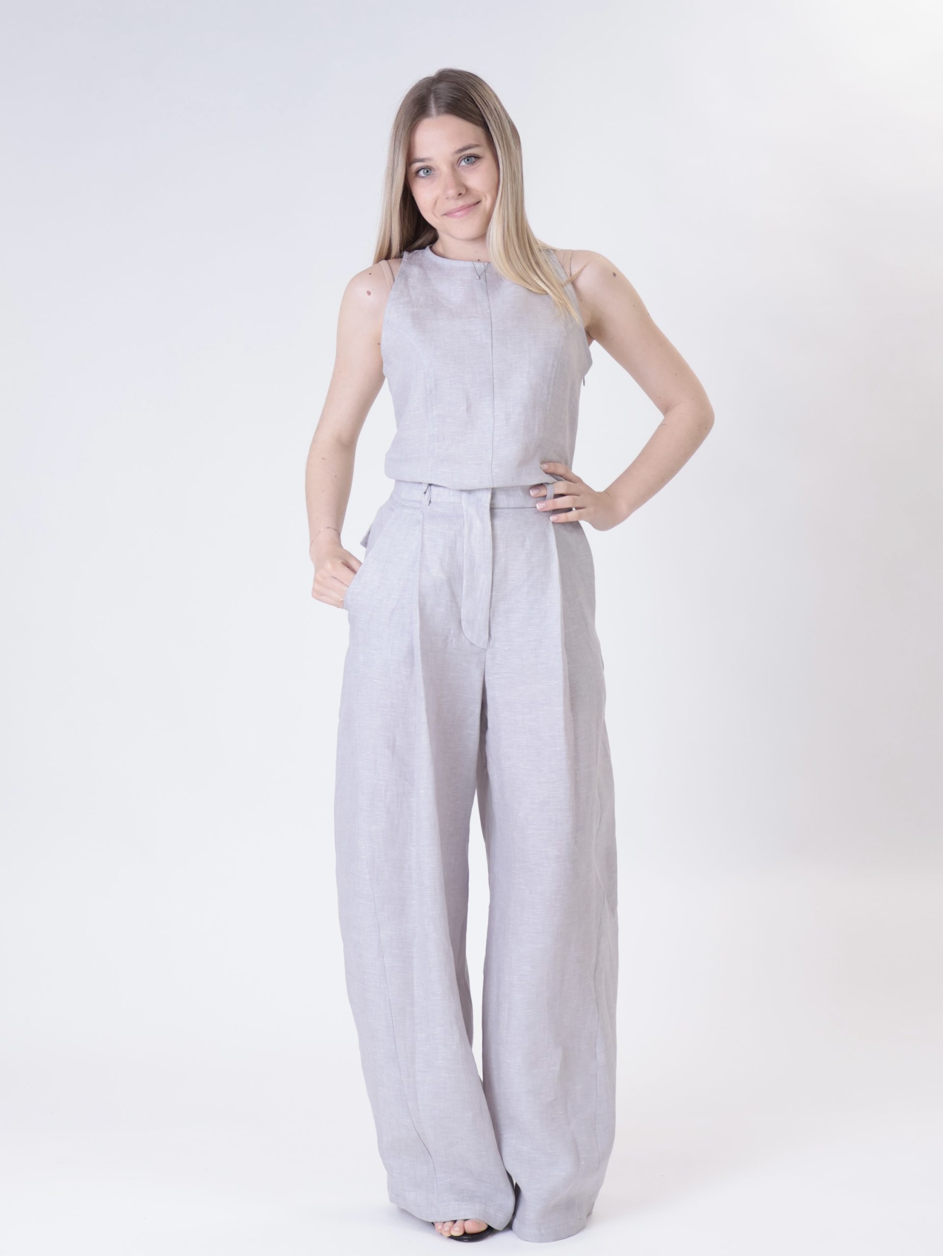 Pantalone barrel 100% lino perla