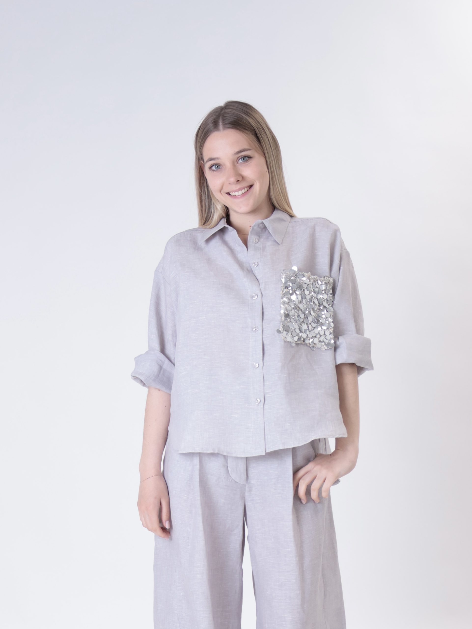 Camicia tasca paillettes 100% lino  perla