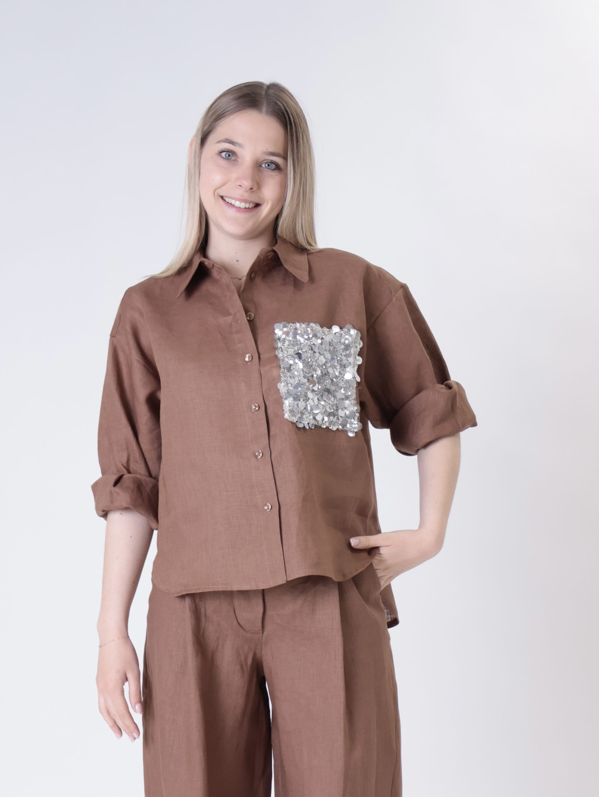 Camicia tasca paillettes 100% lino bruciato