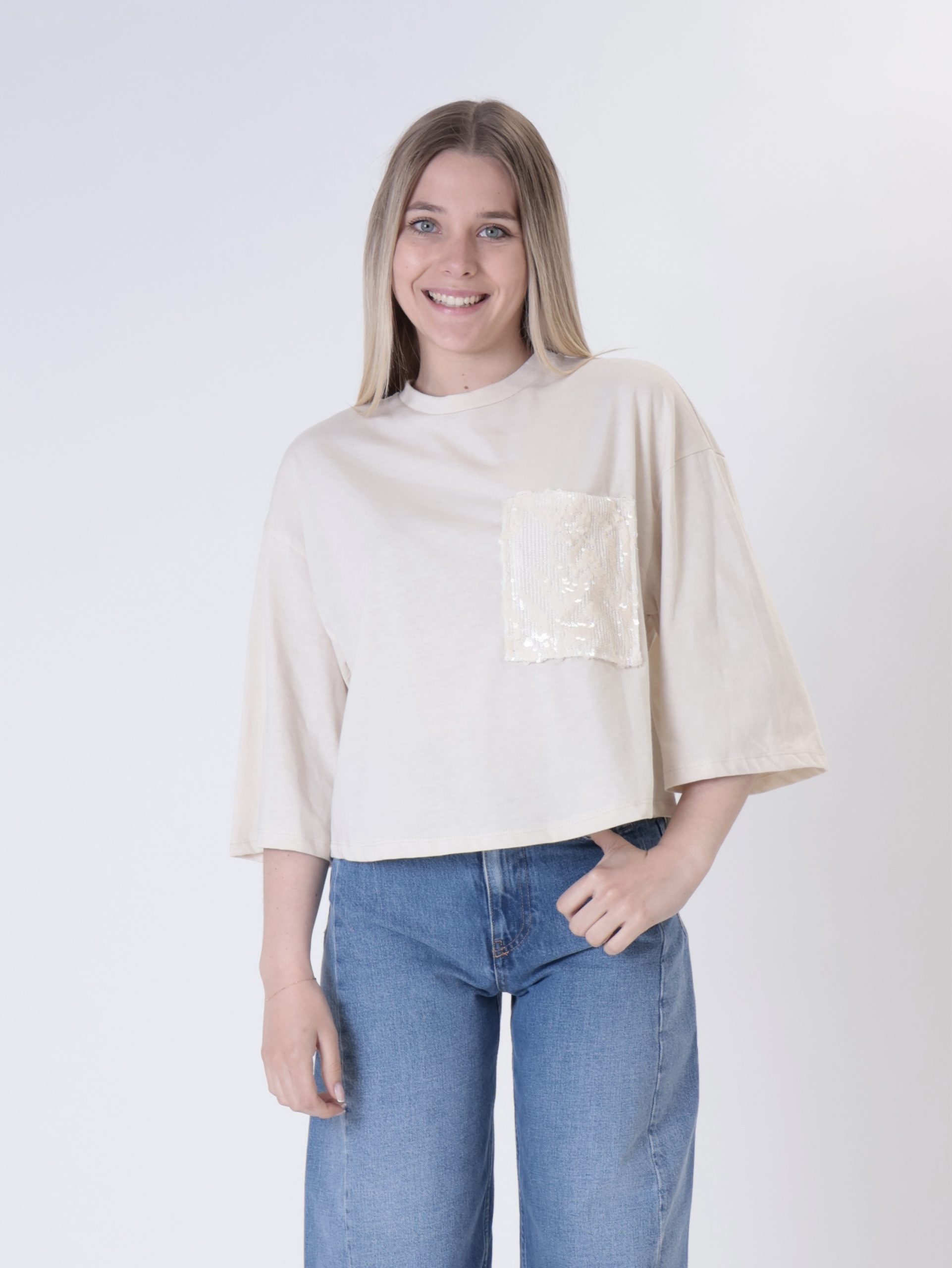 T-shirt crop tasca paillettes avorio