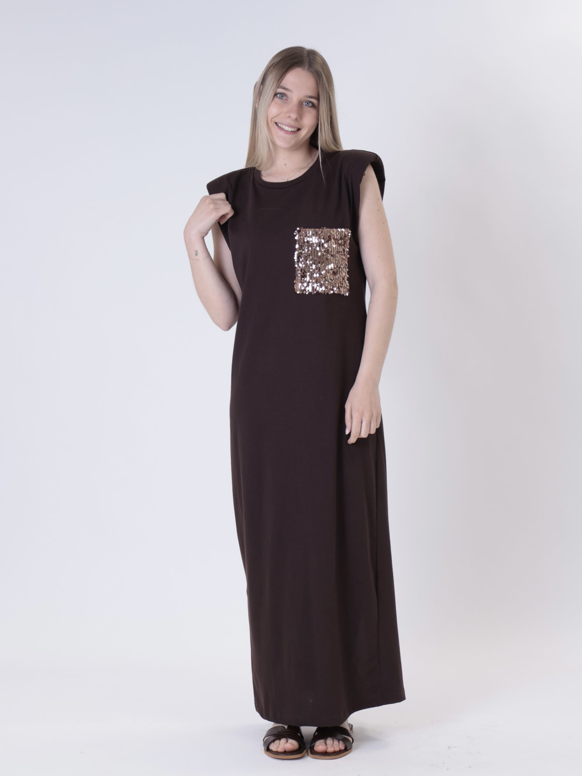 Abito spallone tasca paillettes moro