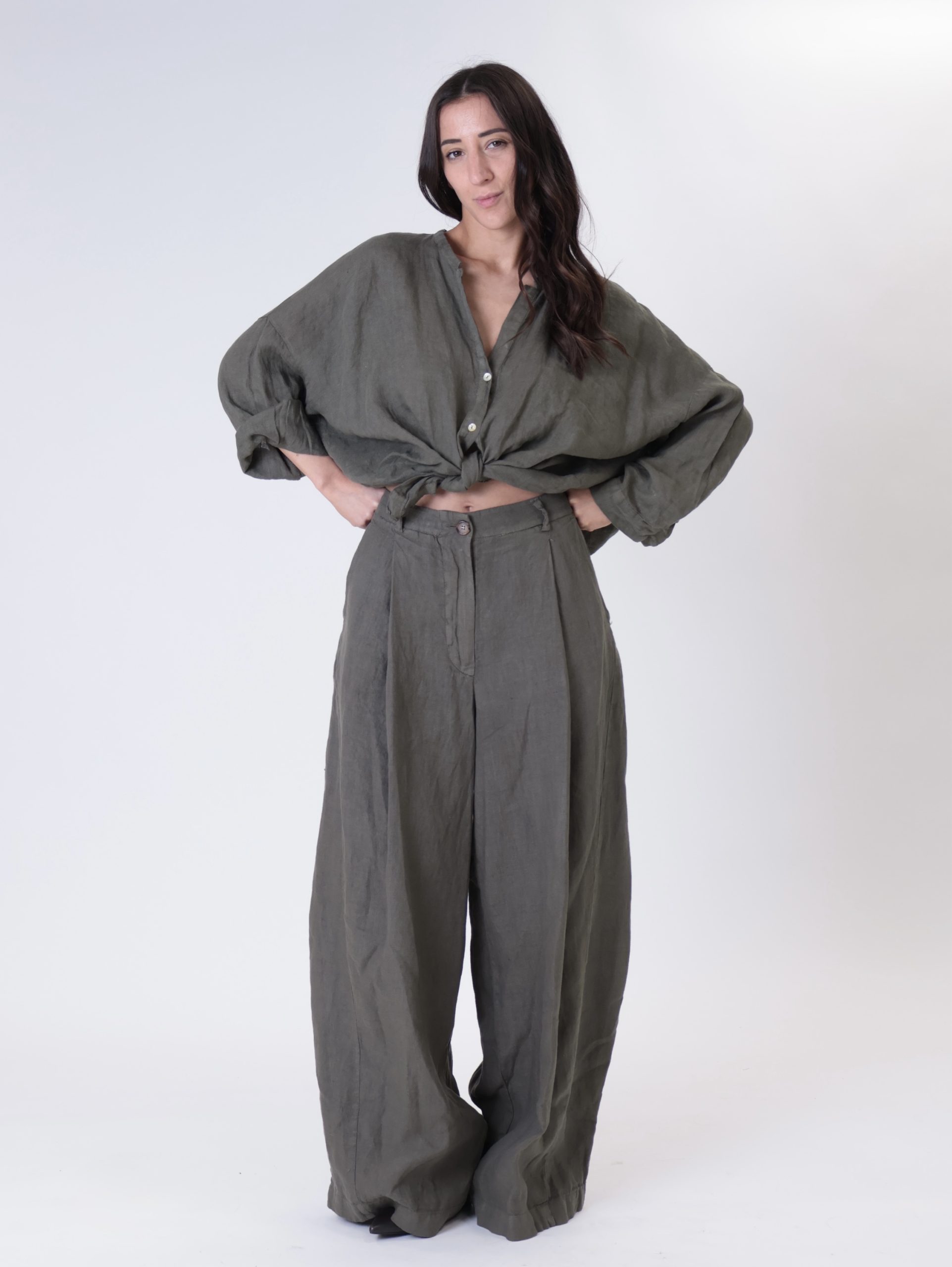 Pantalone pinces 100% lino militare