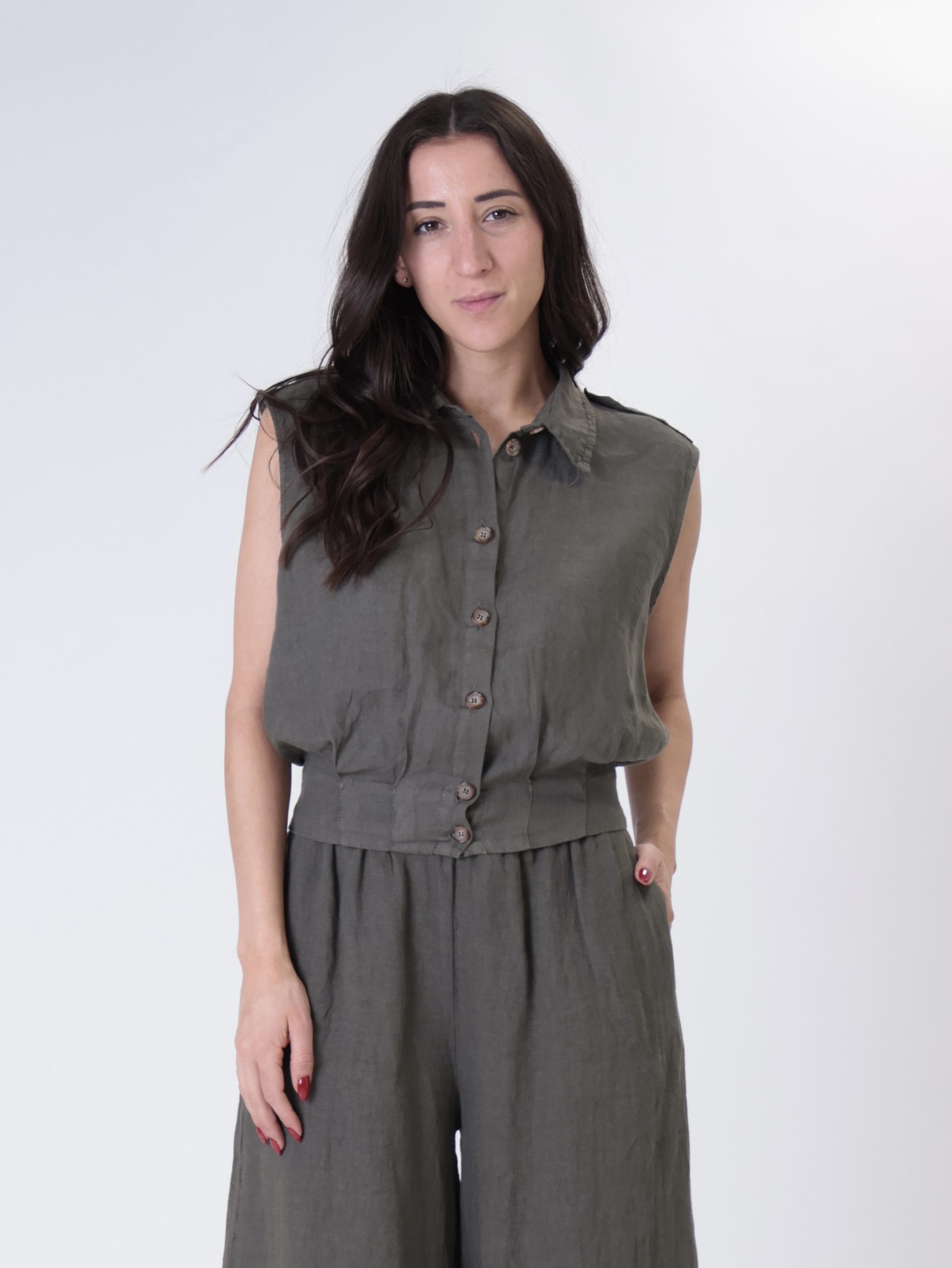 Gilet pinces fondo 100% lino militare