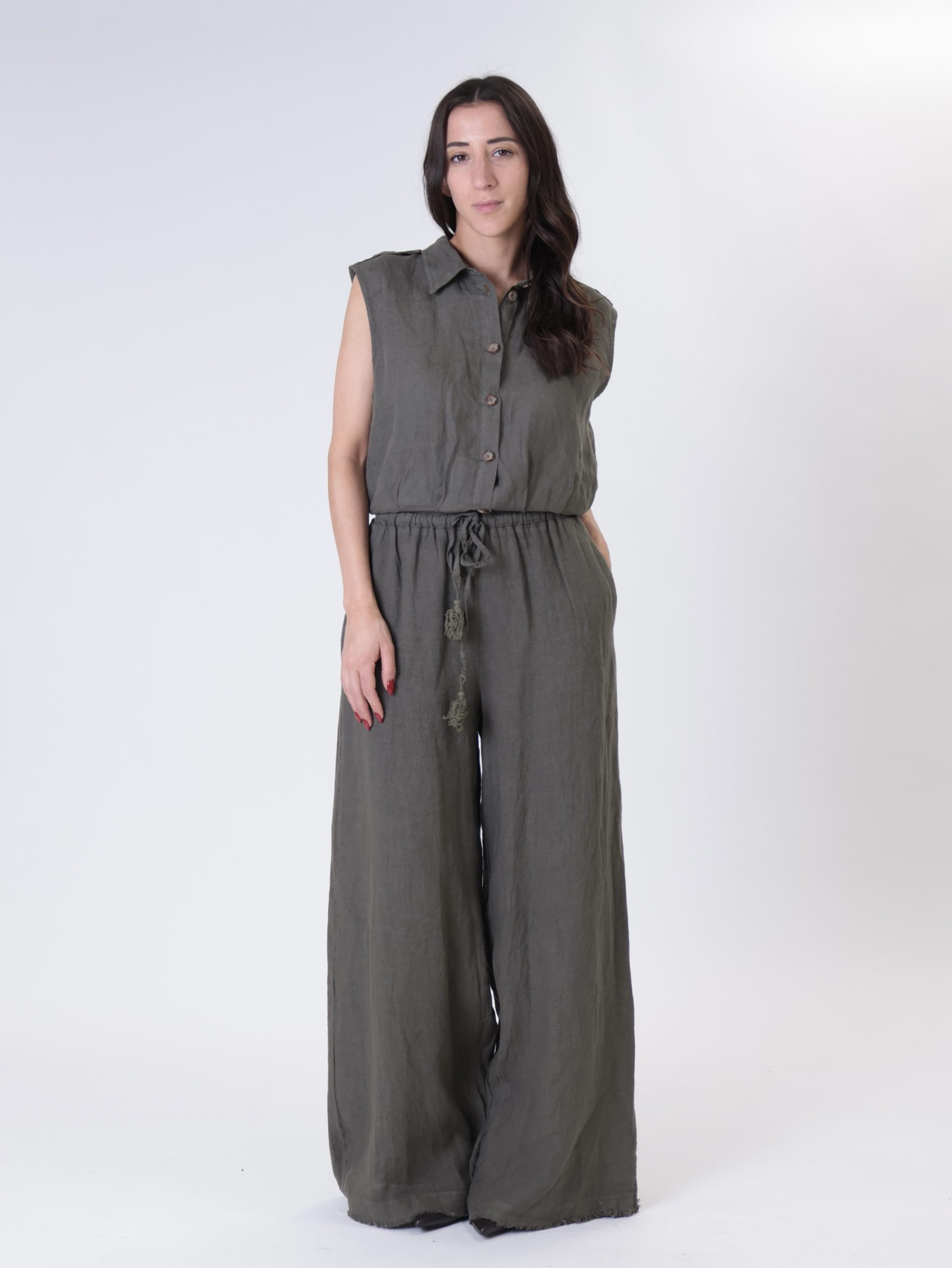 Pantalone elastico in vita 100% lino militare