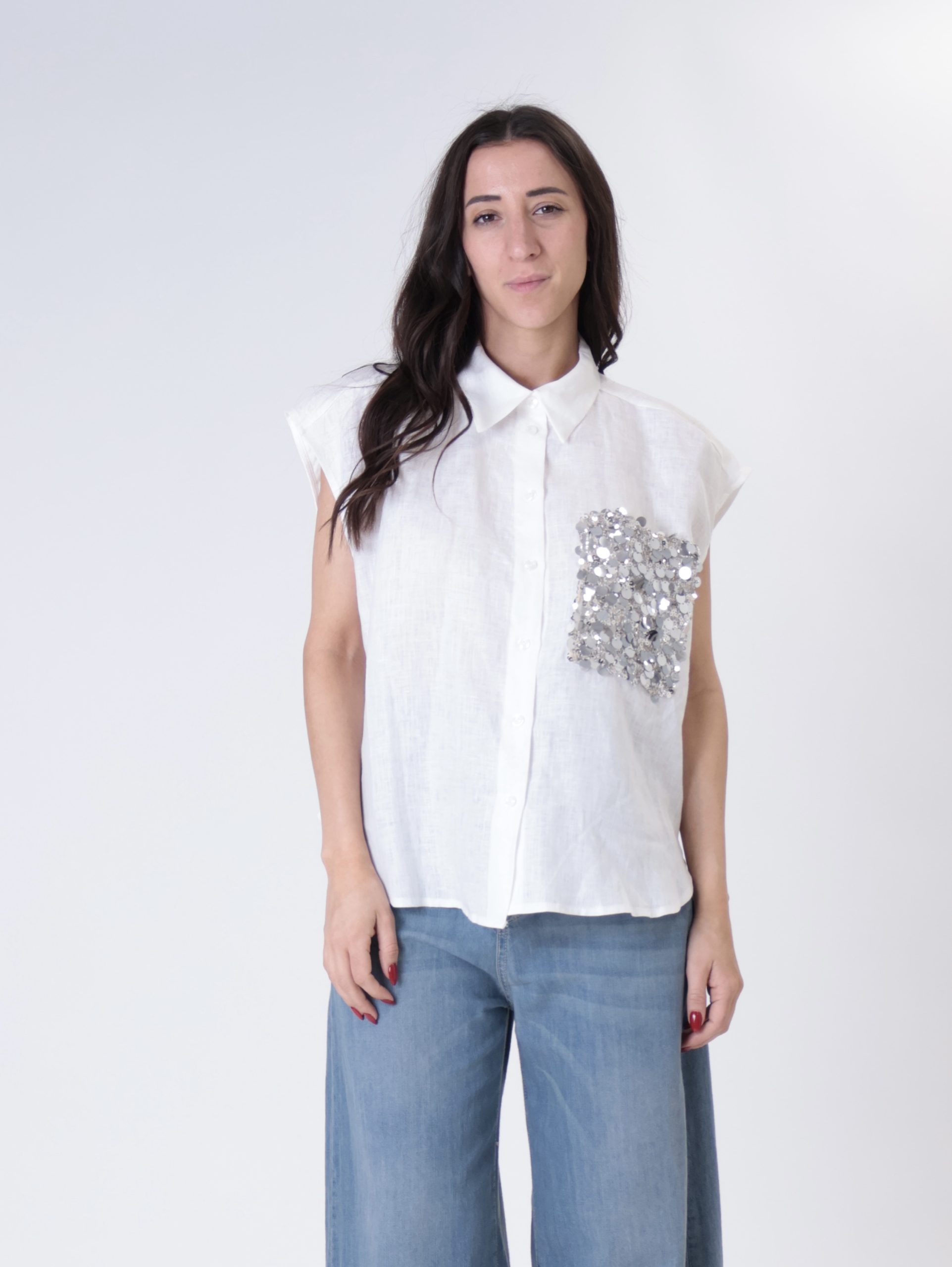 Camicia smanicata tasca paillettes naturale