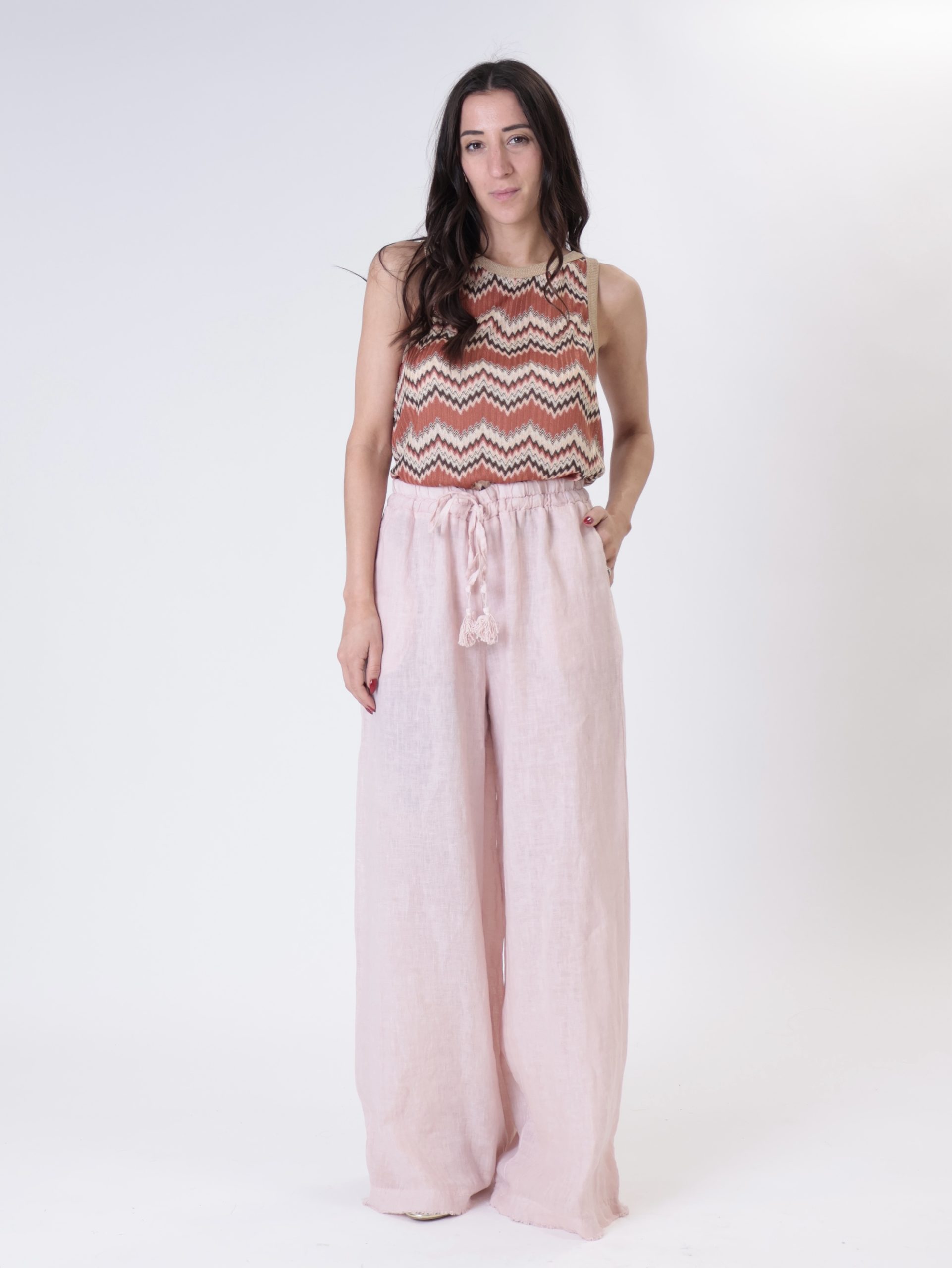 Pantalone elastico in vita 100% lino cipria