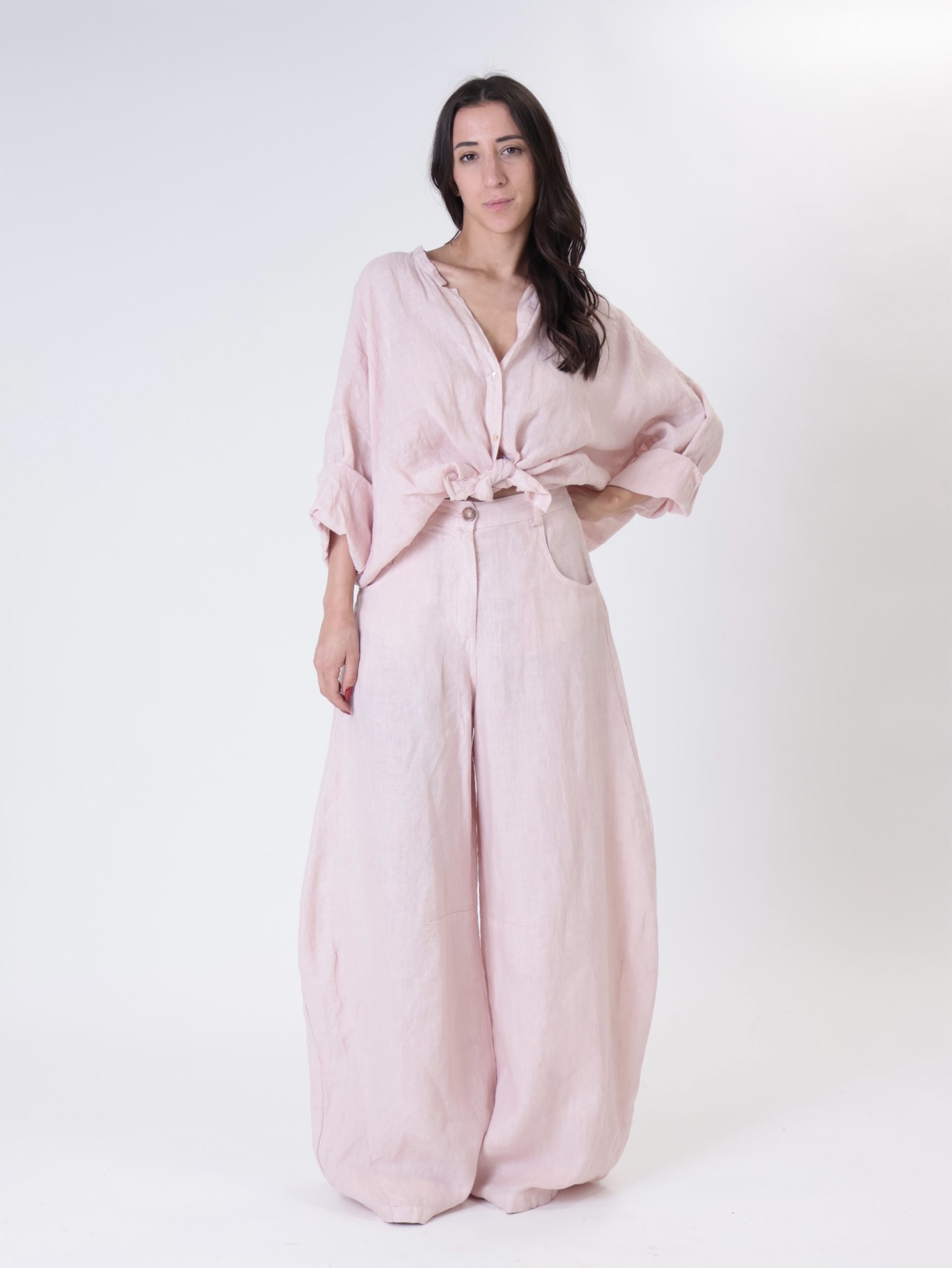 Pantalone barrel 100% lino cipria