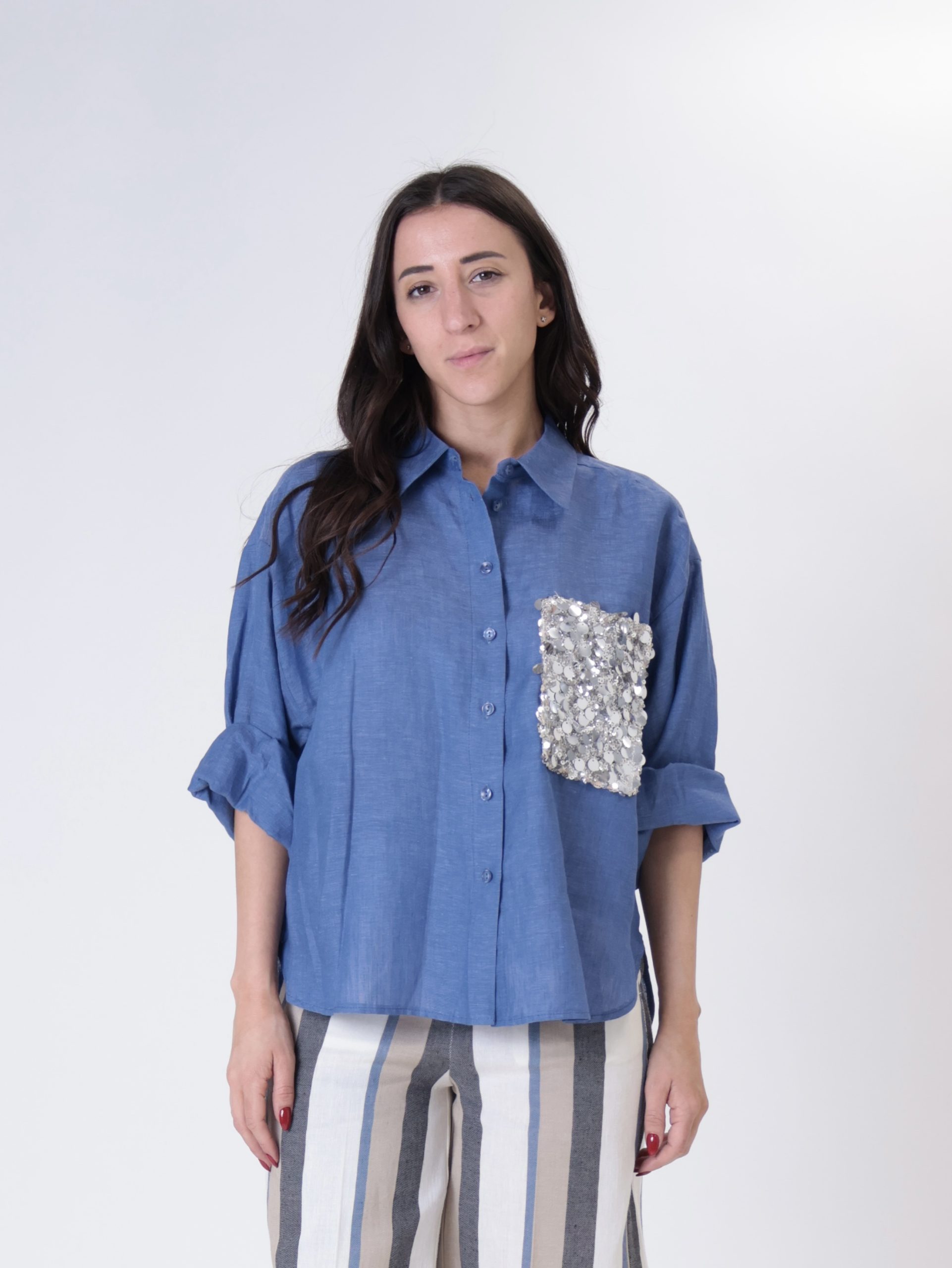 Camicia tasca paillettes 100% lino indaco