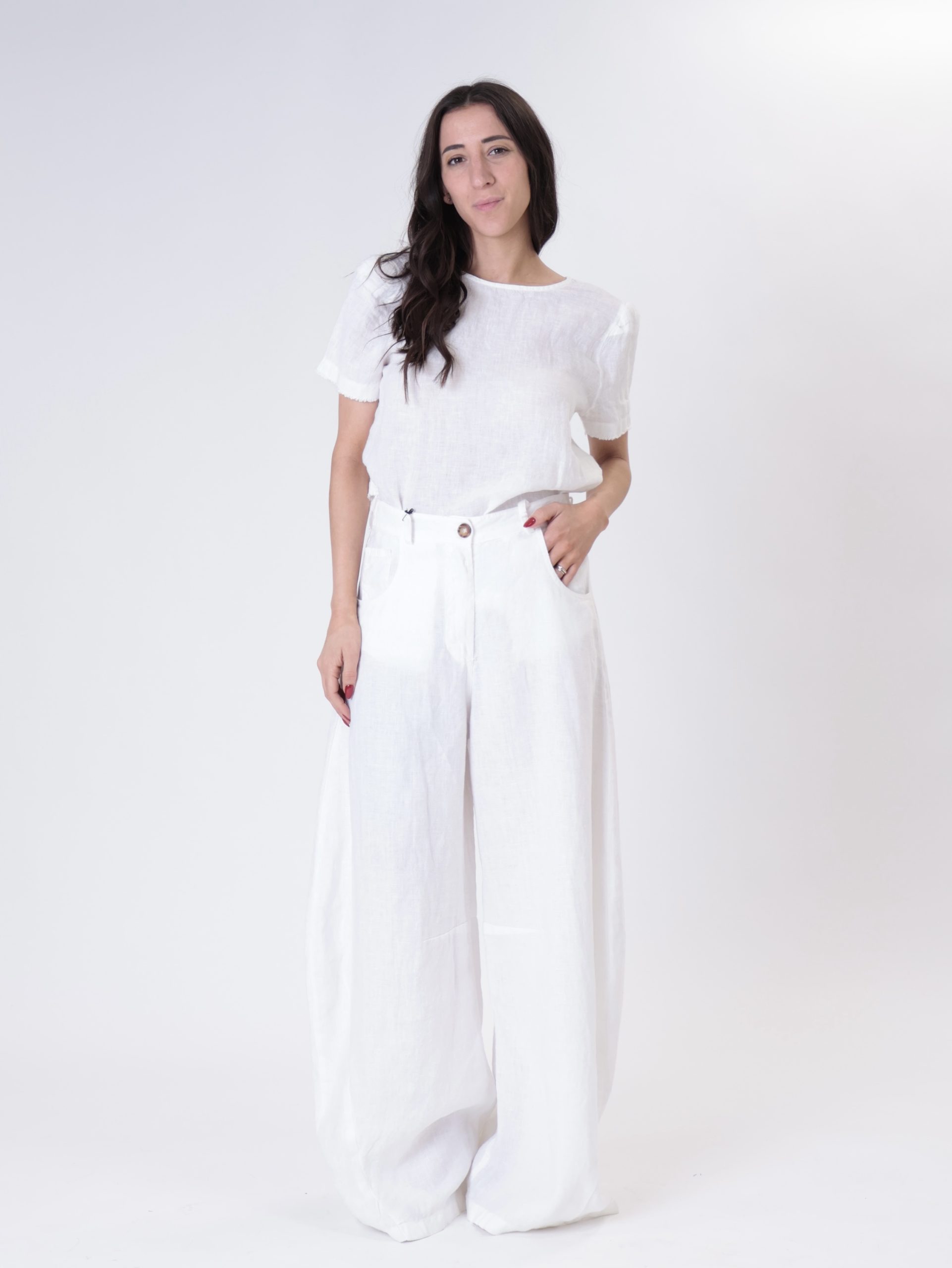 Pantalone barrel 100% lino bianco