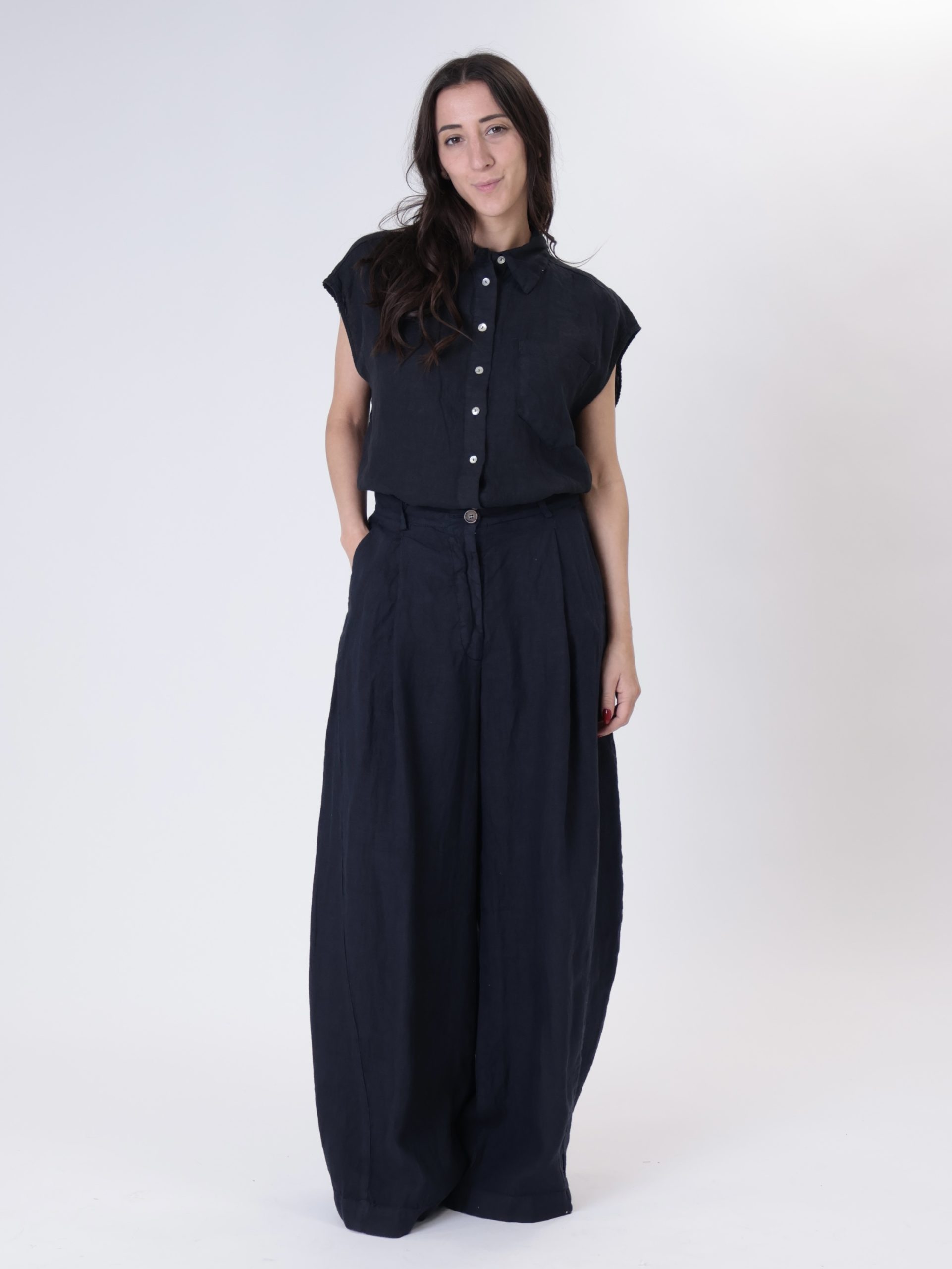 Pantalone pinces 100% lino blu