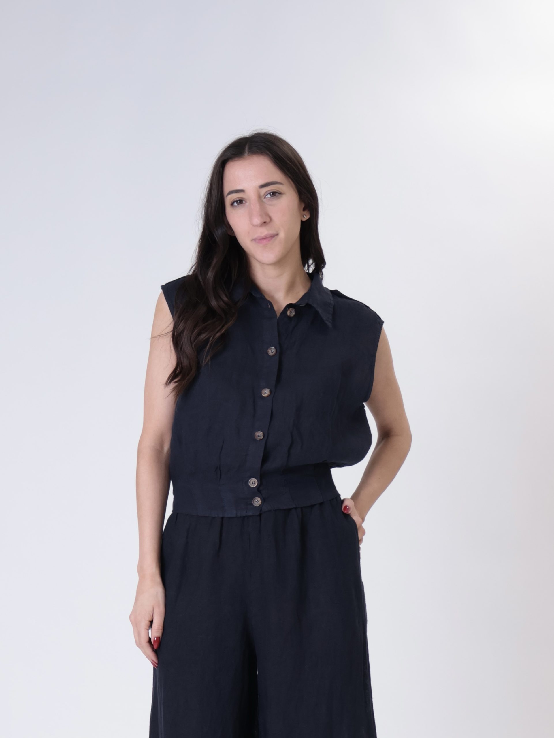 Gilet pinces fondo 100% lino blu