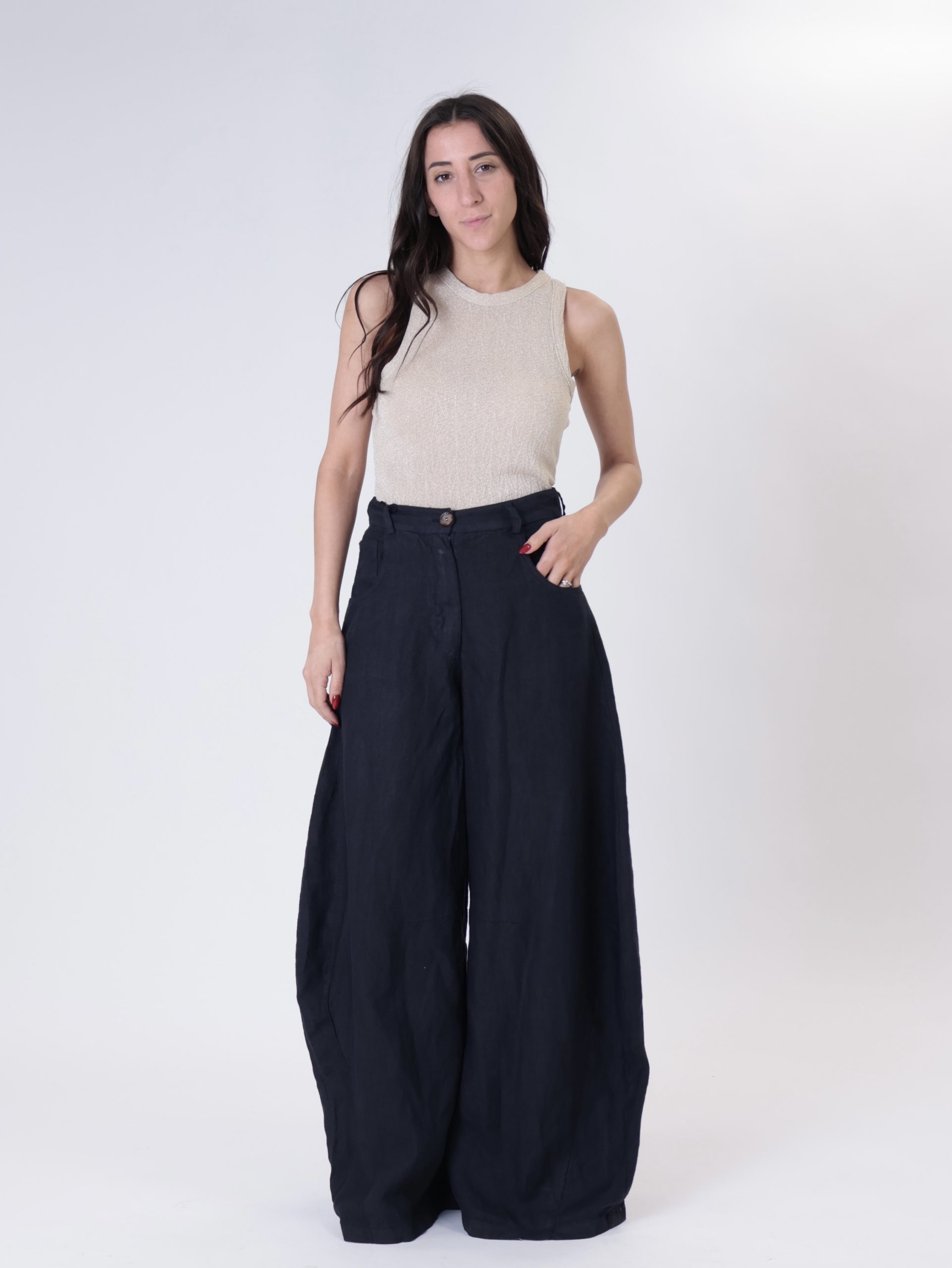 Pantalone barrel 100% lino blu