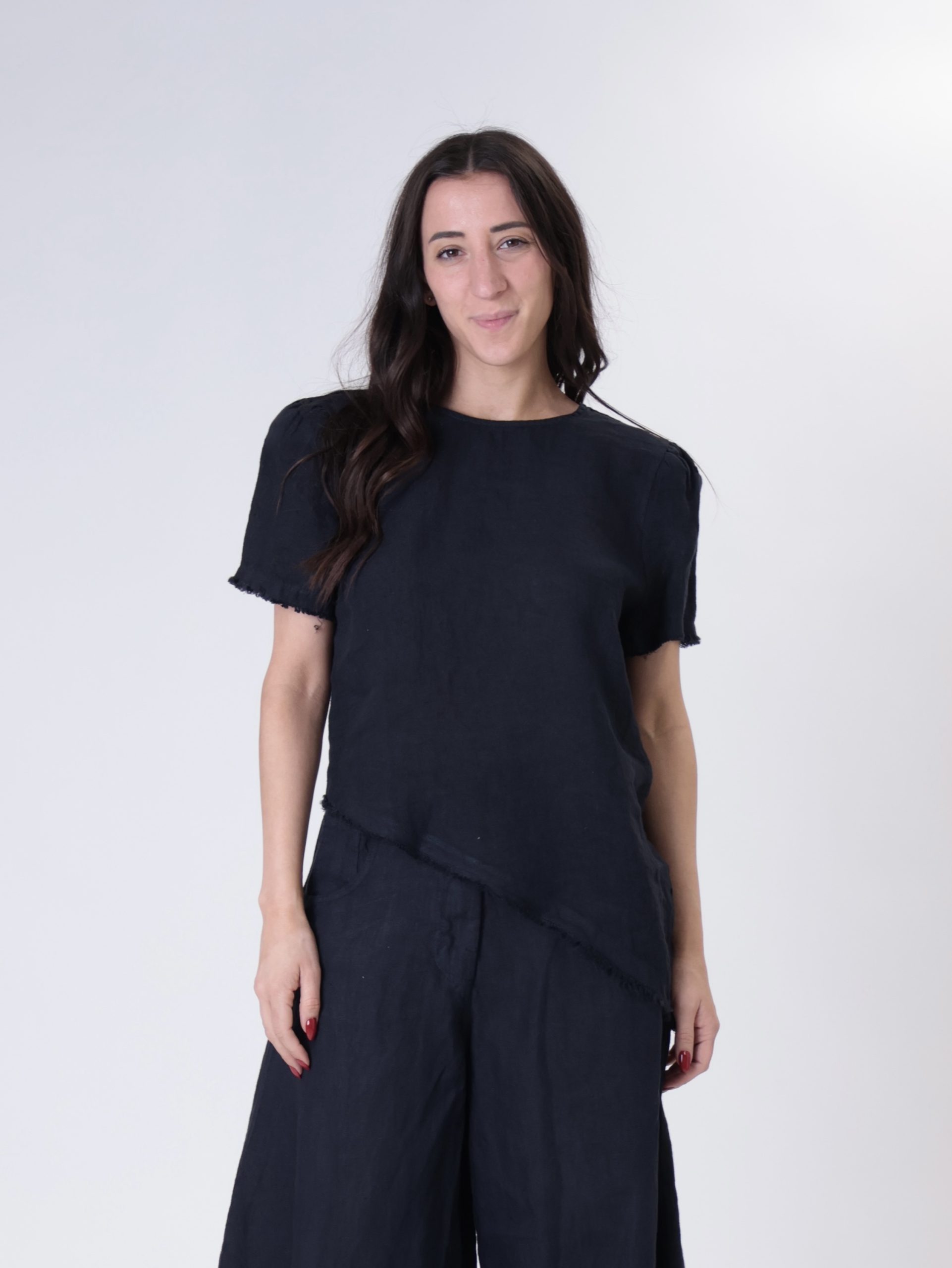 T-shirt svasata 100% lino blu