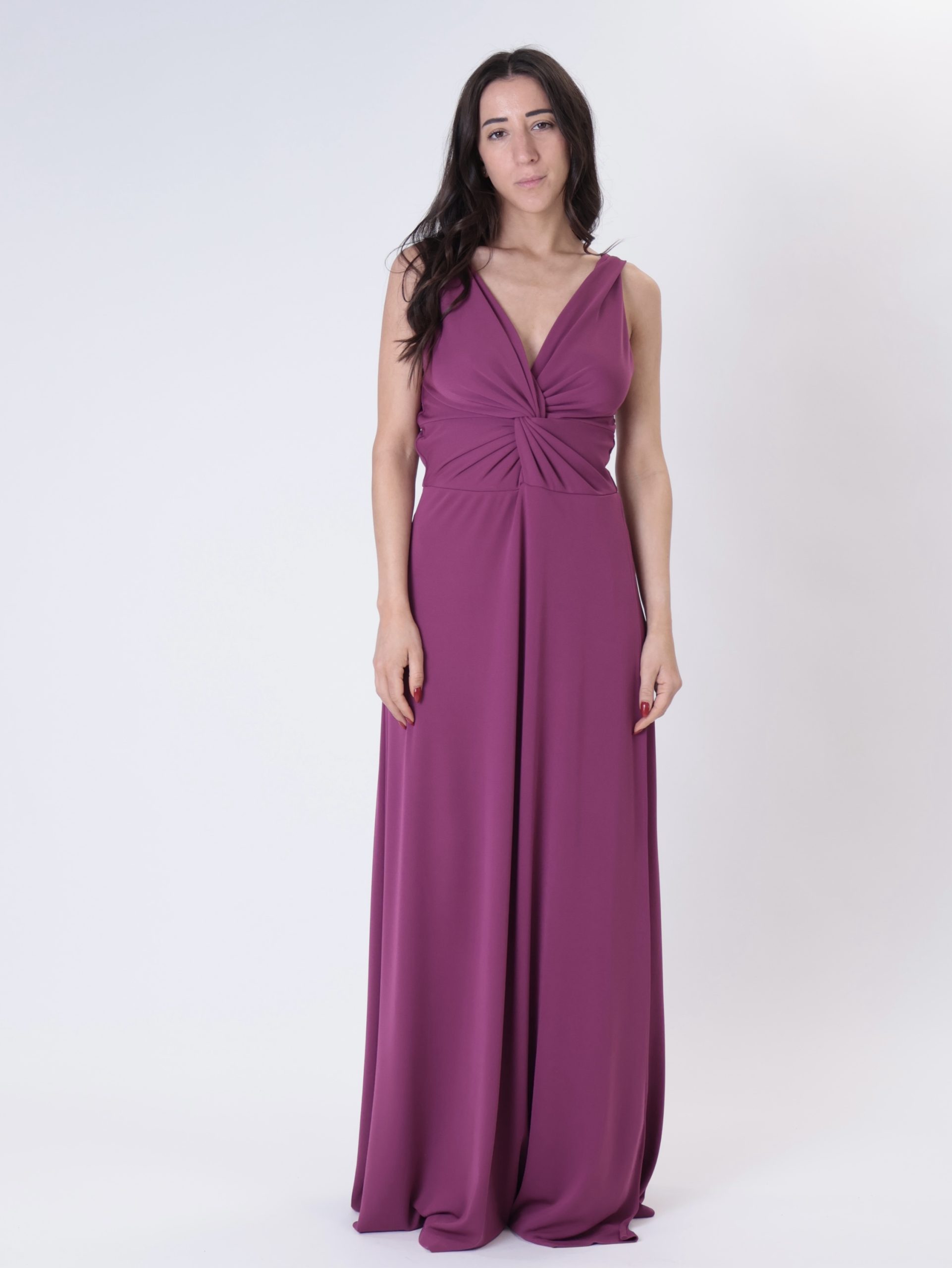Abito scollato con nodo fucsia
