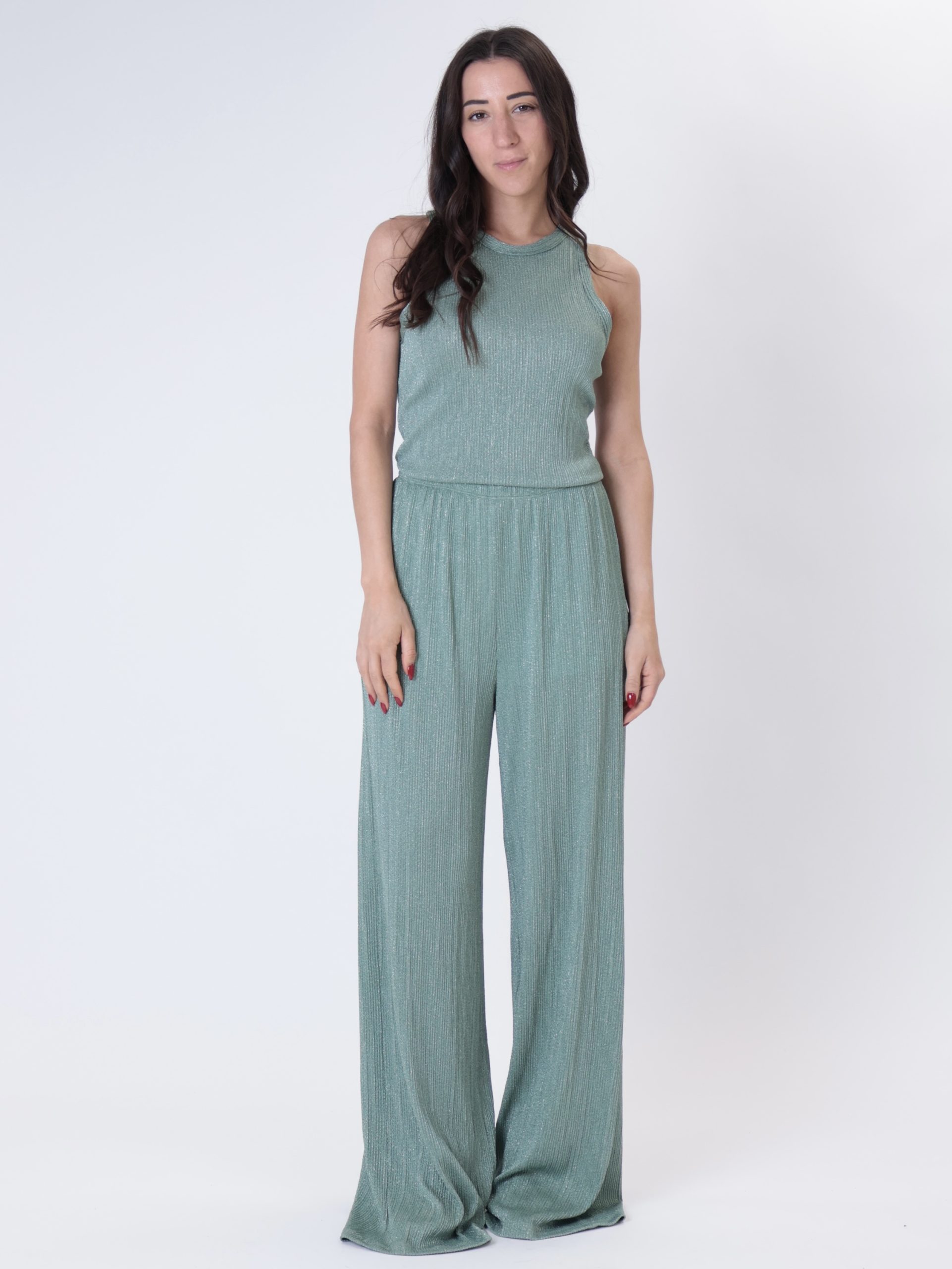 Pantalone lurex righe verde acqua