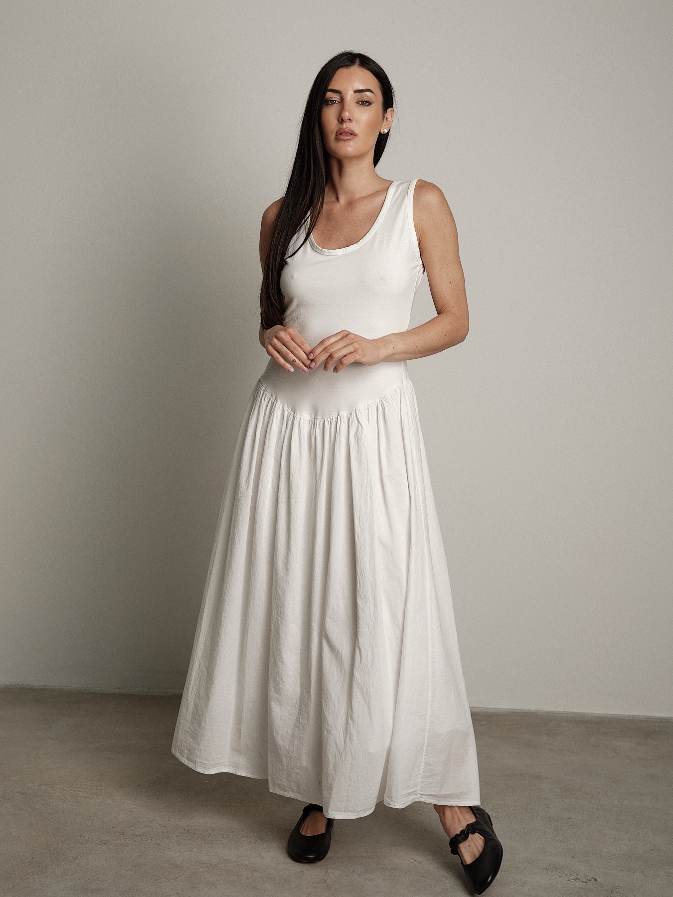 Abito cotone bimateriale balza bianco